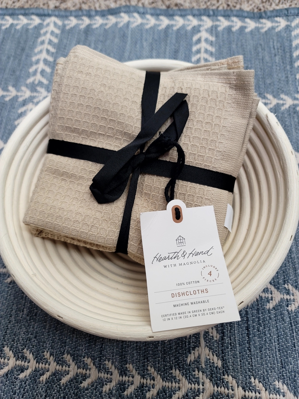 Hearth & Hand Beige Waffle Cotton Dishcloths with Black Ribbon